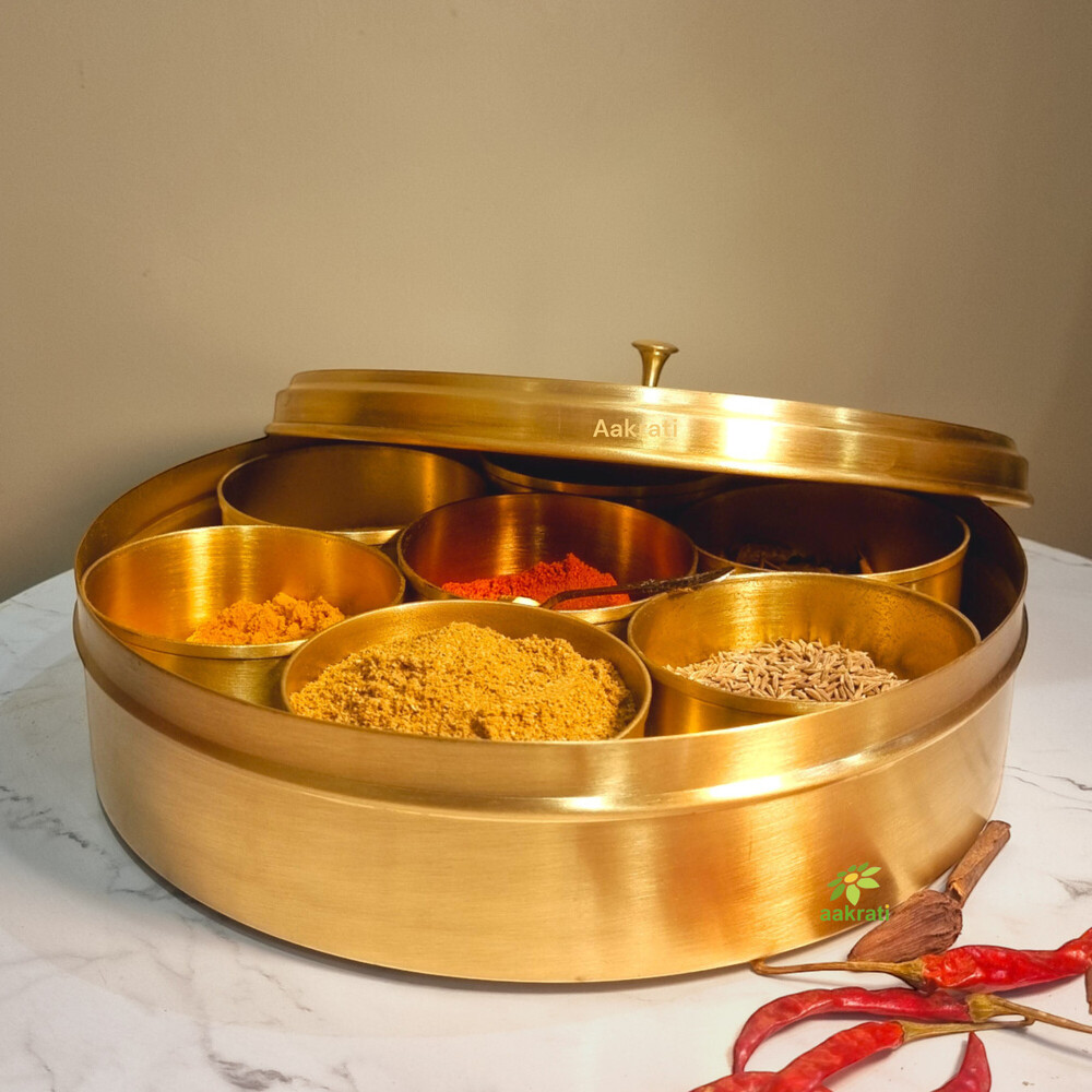 Aakrati Brass Spice Box | Stylish & Durable Masala Daani for Indian Kitchens | Luxury Brass Masala Box ( Yellow, 8 inch)