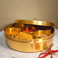 Aakrati Brass Spice Box | Stylish & Durable Masala Daani For Indian Kitchens | Luxury Brass Masala Box ( Yellow, 8 Inch) - Color: Yellow
