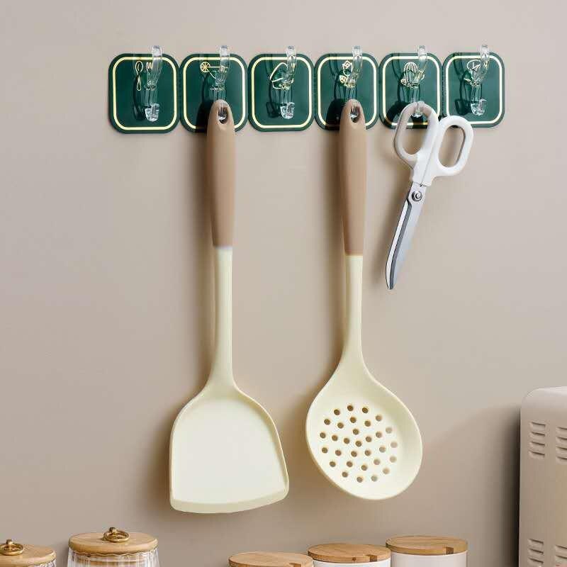 Stainless Steel Hook Rack - 6 Hooks, Green Anchors For Easy Organization And Accessibility In Kitchen
