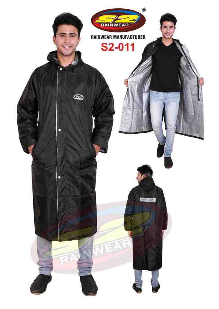 S2-011 Mens Polyester Rain Suit - Polyester Taffeta With Virgin Pvc Lining, Free Size, Assorted Colors | Reversible, Long Hood, Drawstring Closure, Reflective Tape, Pouch Packing