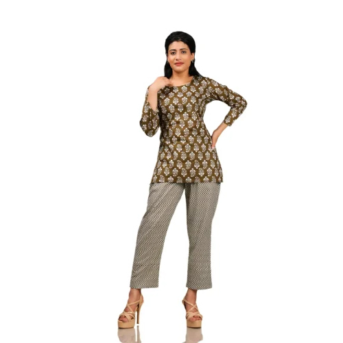 Ladies Olive Green Short Kurti Pant Set - Feature: Washable