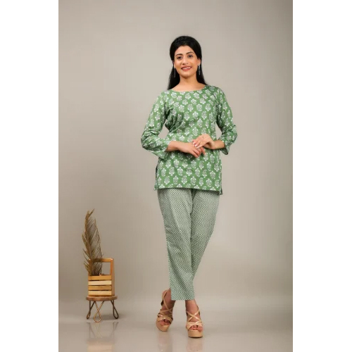 Pista Green Cotton Short Kurti Pant Set - Feature: Washable