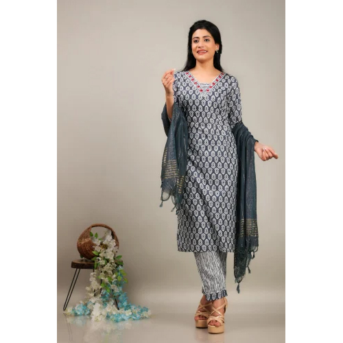 Ladies Grey Cotton Kurti Pant Dupatta Set - Design: Striped