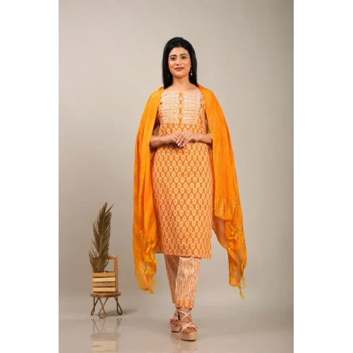 Orange Cotton Kurti Pant Dupatta Set - Design: Striped