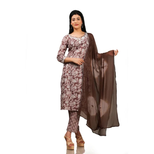 Dark Brown Kurti Pant Set - Design: Striped