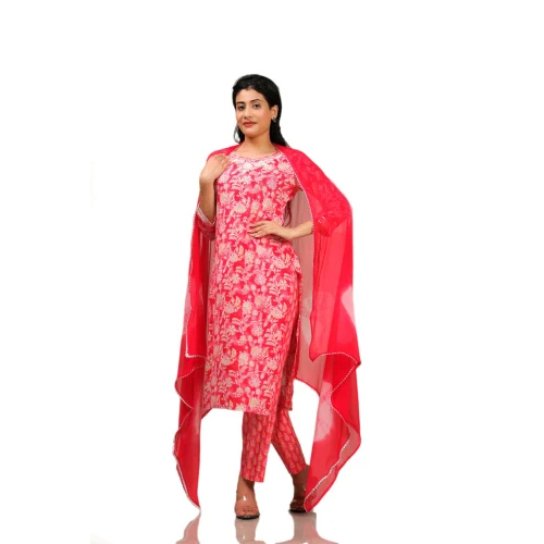 Magenta Kurti Pant Dupatta Set - Color: Red