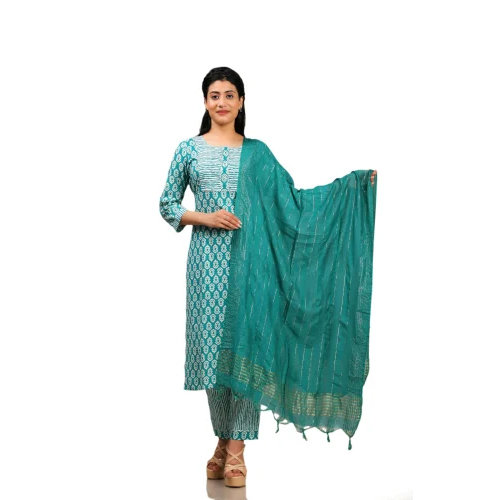 Ladies Light Blue Cotton Kurti Pant Dupatta Set - Feature: Washable