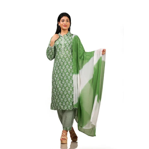 Pista Green Cotton Printed Kurti Pant Set - Feature: Washable