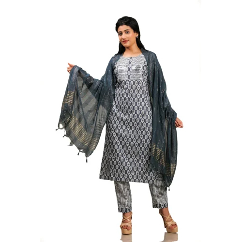 Light Grey Cotton Kurti Pant Dupatta Set - Design: Striped