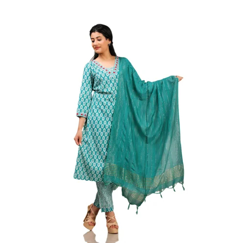 Ladies Sky Blue Cotton Kurti Pant Set - Design: Striped