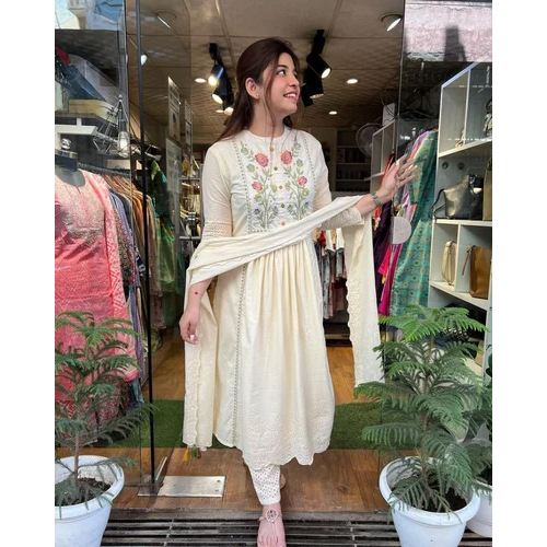 Cotton Embroidered Kurta And Palazzo Set - Color: White