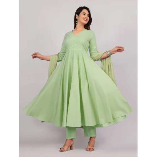 Soft Cotton Anakali Suit - Color: Pista Green