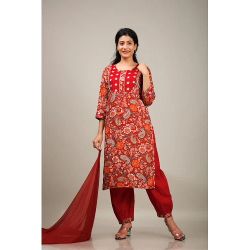 Ladies Red Cotton Printed Salwar Suit Set - Feature: Washable