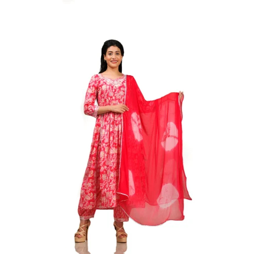 Ladies Red Cotton Printed Anarkali Suit - Ethnic Region: Indian