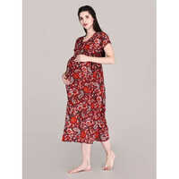 Maroon Maternity Feeding Dresses - Washable Rayon, Various Sizes Available, Printed Pattern, Short Sleeves, Long Style For All Seasons