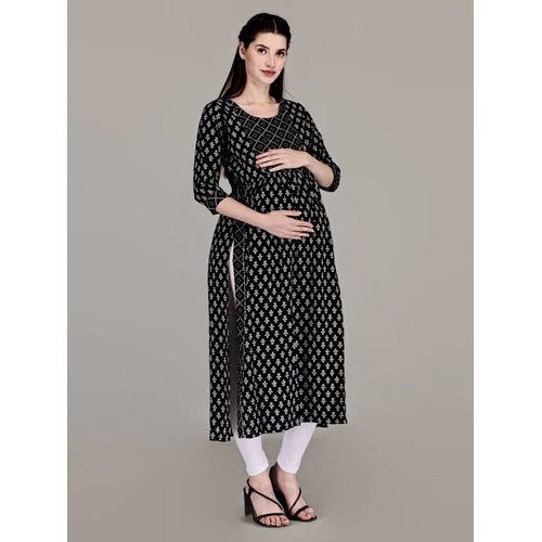 Black Feeding Maternity Pregnancy Rayon Kurti - Design: Striped