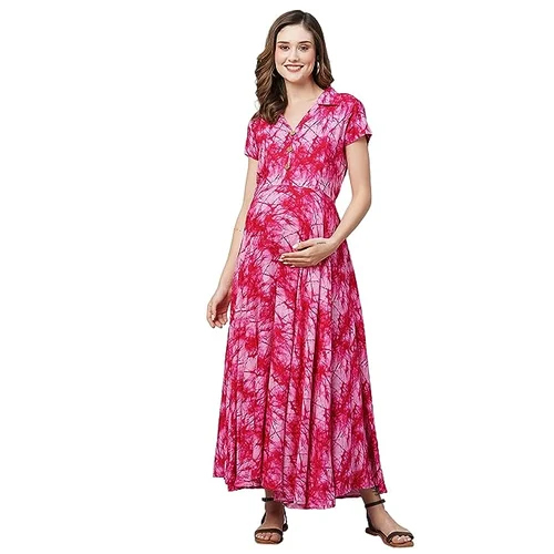 Printed Women Maternity Maxi Dress - Color: Pink