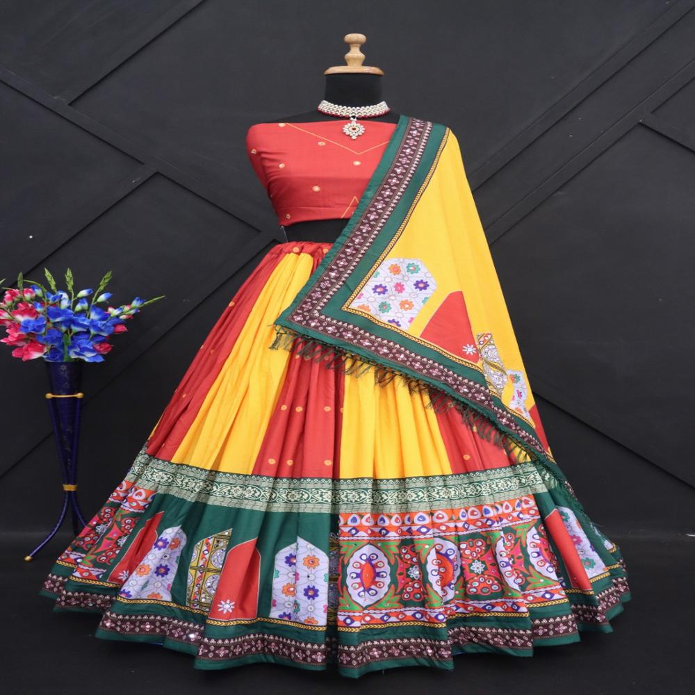 Digital Print Muslin Cotton Lehenga Choli - Color: Multi Color