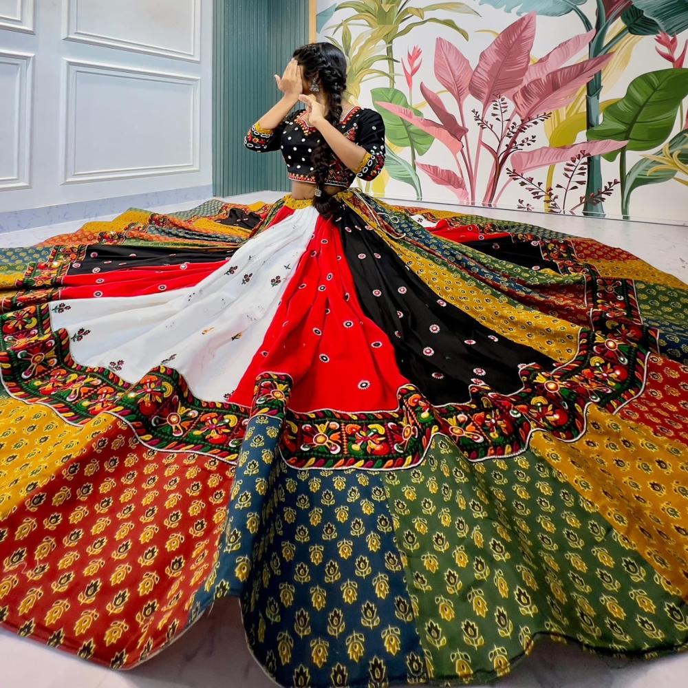 Digital Print Muslin Cotton Lehenga Choli - Semi-stitched Lehenga Size Supported Up To 42, 41 Inch Length, 4 Meter Flair, Unstitched Blouse 1 Mtr, Duppata 2.10 Mtr With Real Mirror, Ethnic Indian Wear, Perfect For Summer