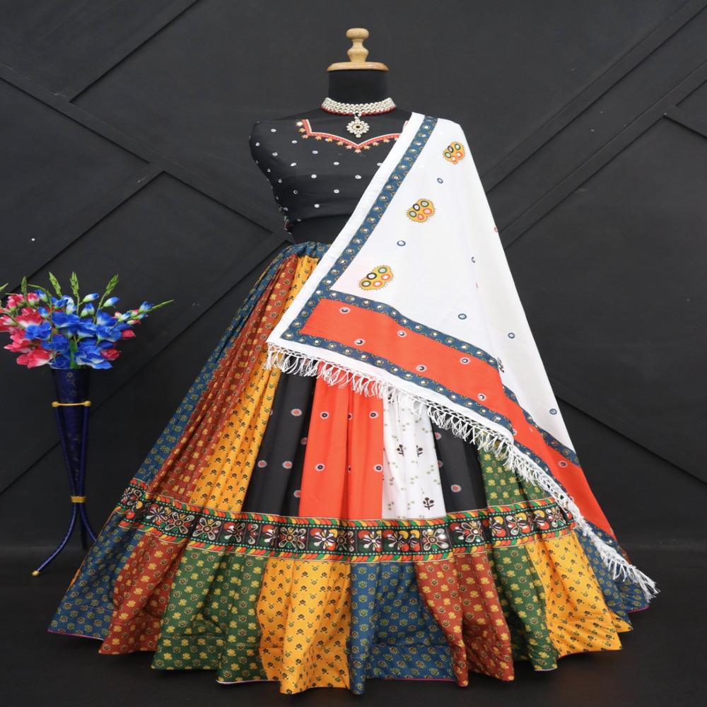 Digital Print Muslin Cotton Lehenga Choli - Semi-stitched Lehenga Size Supported Up To 42, 41 Inch Length, 4 Meter Flair, Unstitched Blouse 1 Mtr, Duppata 2.10 Mtr With Real Mirror, Ethnic Indian Wear, Perfect For Summer