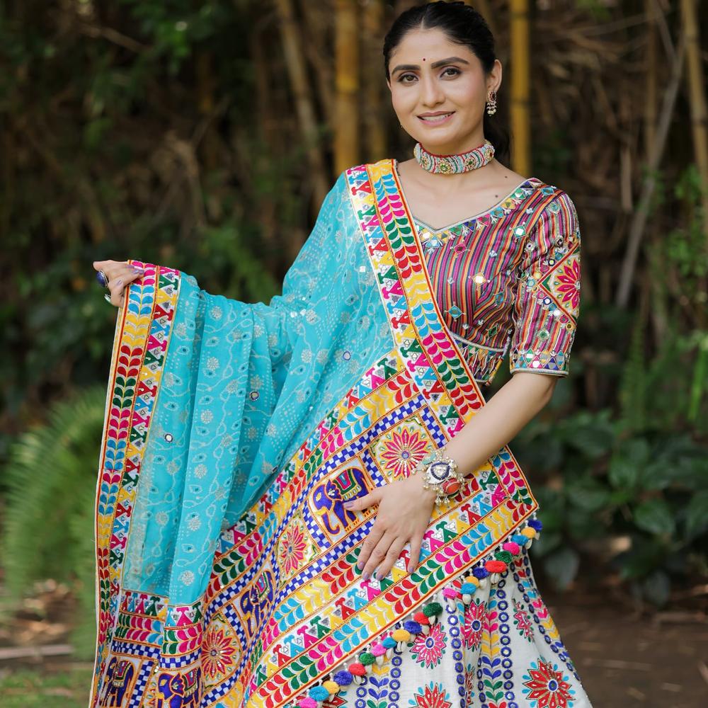 Lehenga Choli - Muslin Cotton, Semi-stitched Lehenga (41" Length, 4m Flair), Un-stitched Blouse (1m), Duppata (2.10m) | Multi Color, Breathable, Printed With Real Mirror