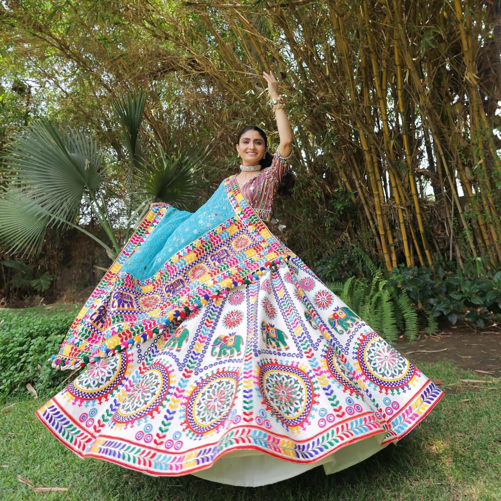 Lehenga Choli - Muslin Cotton, Semi-stitched Lehenga (41" Length, 4m Flair), Un-stitched Blouse (1m), Duppata (2.10m) | Multi Color, Breathable, Printed With Real Mirror