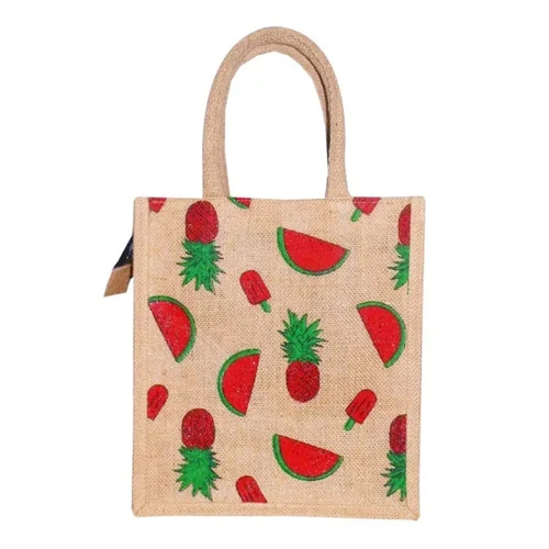 Printed Jute Hand Bag - Color: Cream