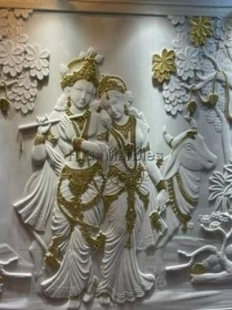 White Marble Stone Radha Krishna Exquisite Wall Mural - Regional Style: Indian