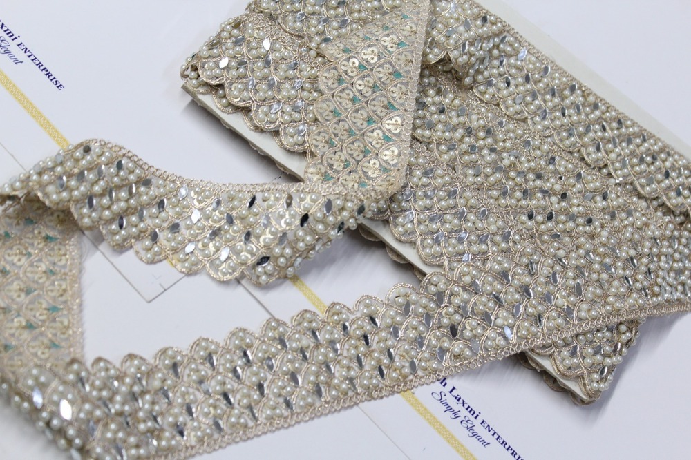 Mirror & Moti Lace - Material: Mirror With Moti, Size: 2 Inch Width, Color: Off White | Design: Hand Work, Pattern: Fancy Cut Work, Style: Diamond Lace