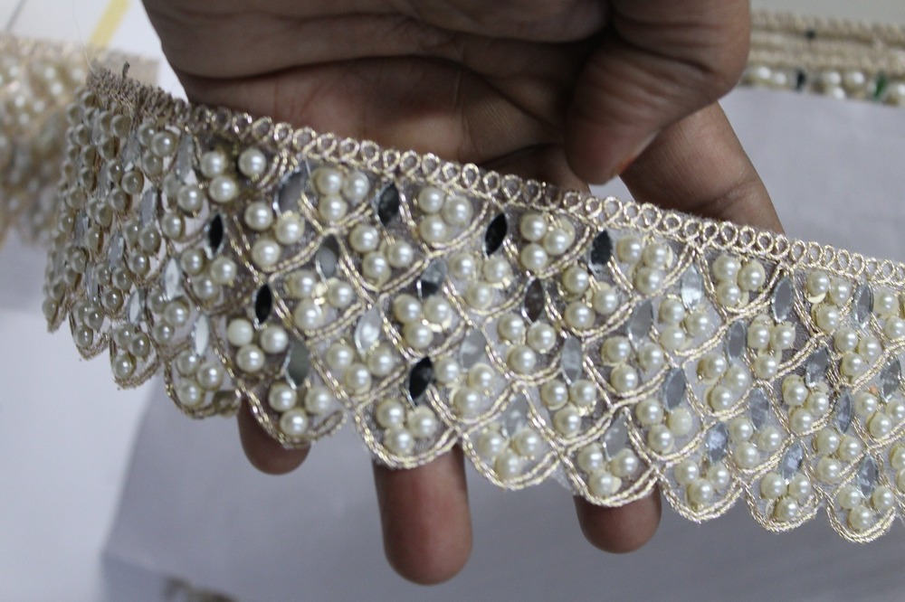 Mirror & Moti Lace - Material: Mirror With Moti, Size: 2 Inch Width, Color: Off White | Design: Hand Work, Pattern: Fancy Cut Work, Style: Diamond Lace