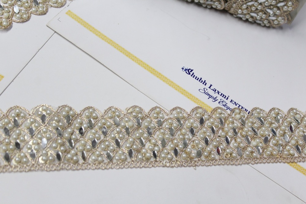 Mirror & Moti Lace - Material: Mirror With Moti, Size: 2 Inch Width, Color: Off White | Design: Hand Work, Pattern: Fancy Cut Work, Style: Diamond Lace
