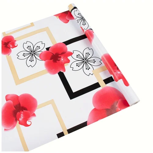 White With Red Flower Peel And Stick Wallpaper - High-Quality PVC, 45x500cm | Waterproof, Modern Design, Embossed Surface for Living Room Decor