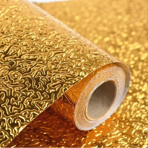 Self Adhesive Kitchen Wallpaper - Waterproof Aluminium, 10m Length , Classic Metallic Design in Elegant Golden Color