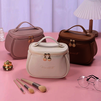 Pu Leather Cosmetic Bag - Pu Material, Different Sizes, Brown Color | Zipper Top Closure, Convenient Handle For Easy Carrying