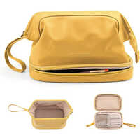 Travel Cosmetic Makeup Bag - Leather, 25x15x20 Cm, Yellow | Zipper Top Closure, Stylish Cosmetic Organizer For Travel And Everyday Use