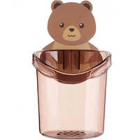 Teddy Bear Toothbrush Holder - Plastic, Different Sizes, Glossy Finish, Round Shape, Adorable Brown Design For Kids' Bathroom Decor