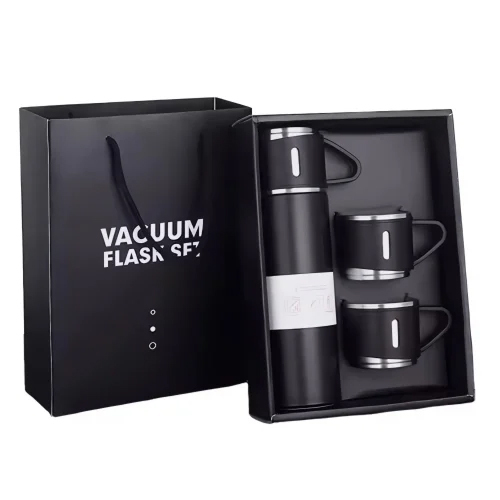 Vacuum Flask With 2 Cups Gift Set - Color: Black