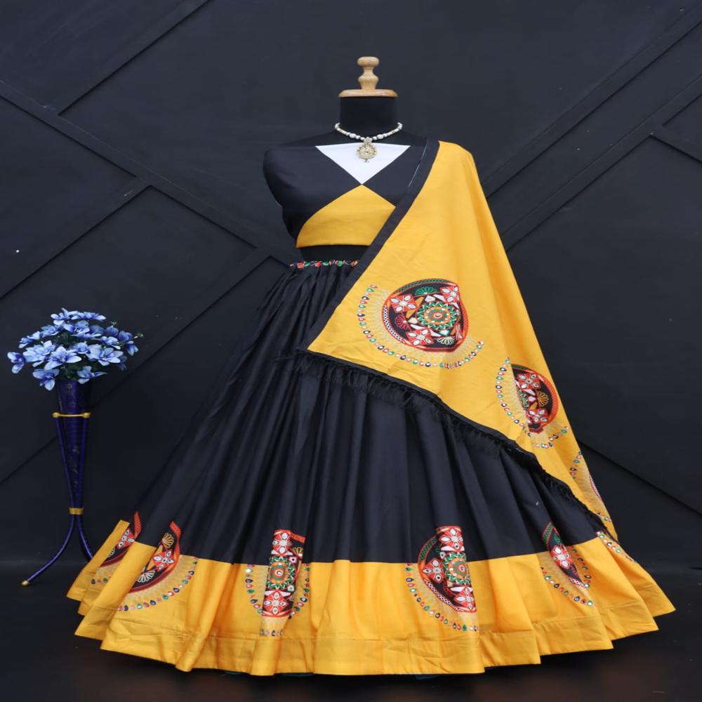 Digital Print Muslin Cotton Lehenga Choli - Semi-stitched Lehenga Waist Up To 42 Inches, 4 Meter Flair, Unstitched Blouse, 2.10 Mtr Dupatta, Multi-color, Breathable Fabric