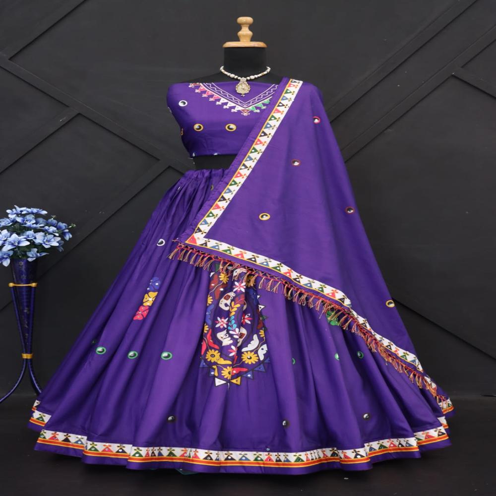 Lehenga Choli - Muslin Cotton Semi-stitched Lehenga With Real Mirror Work | 41 Inch Length, 4 Meter Flair, Unstitched Blouse & Duppata 2.10 Mtr
