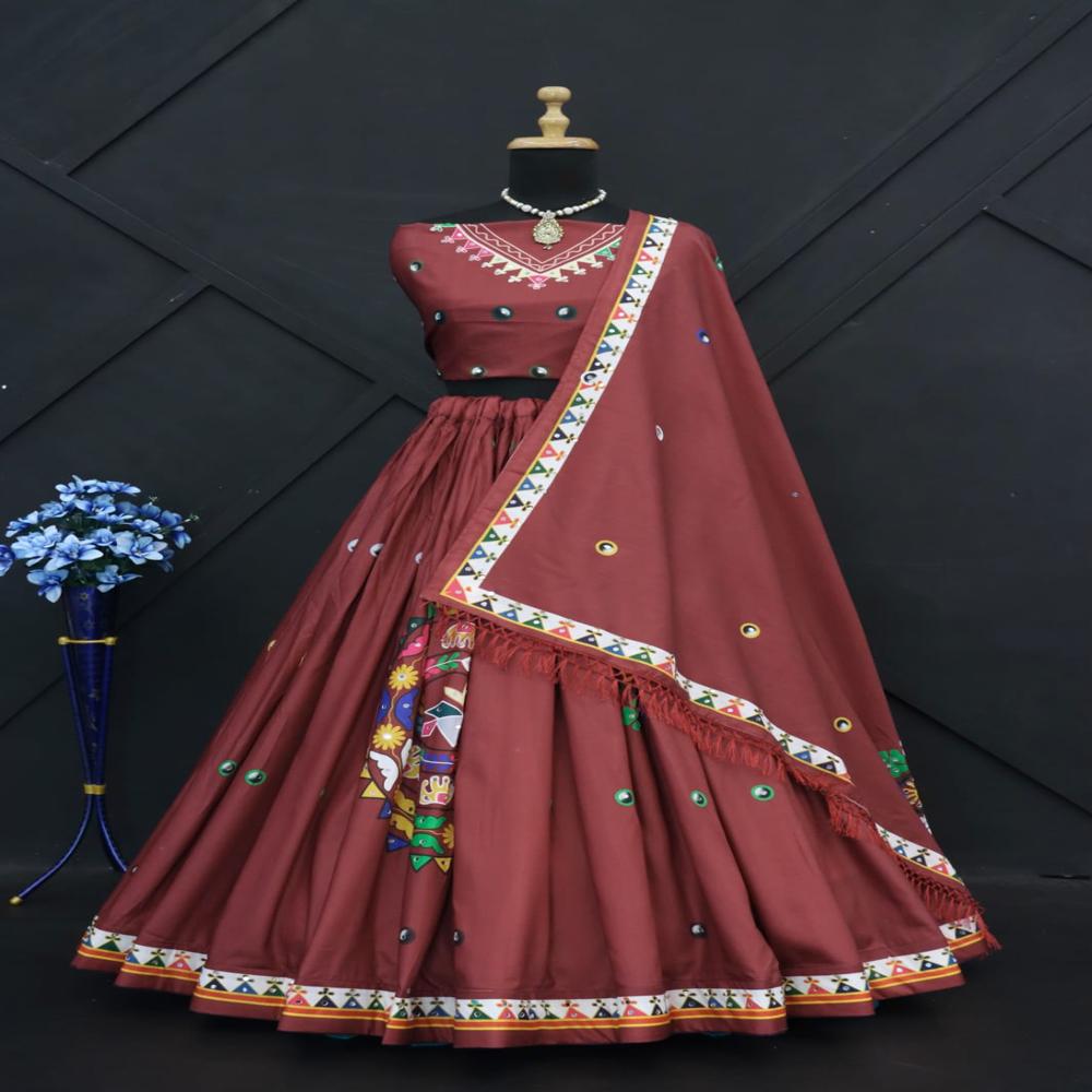 Lehenga Choli - Muslin Cotton Semi-stitched Lehenga With Real Mirror Work | 41 Inch Length, 4 Meter Flair, Unstitched Blouse & Duppata 2.10 Mtr