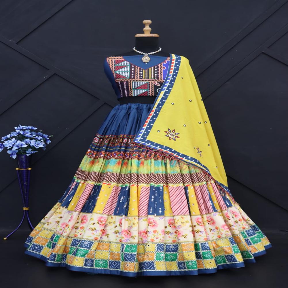 Digital Print Muslin Cotton Lehenga Choli - Semi-stitched Lehenga (Up To 42 Waist), Unstitched Blouse (1 Mtr), Multi-color Fabric With Real Mirror | Breathable, Cool Pass, 4 Mtr Flair
