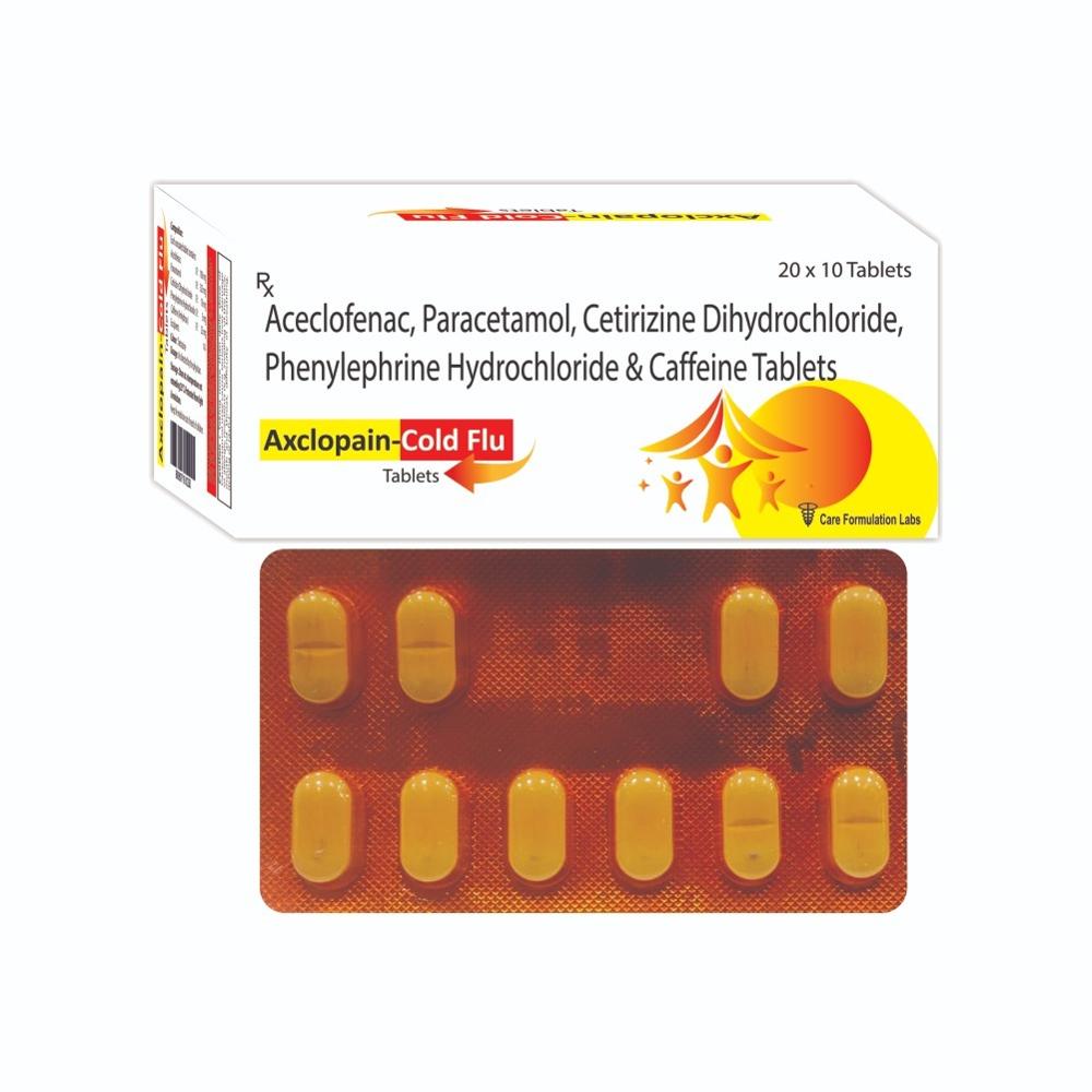 Aceclofenac IP 100 mg Paracetamol IP 325 mg Cetirizine Dihydrochloride IP 10mg Phenylephrine Hydrochloride IP 5 mg Caffeine ( Anhydrous) IP 25 mg