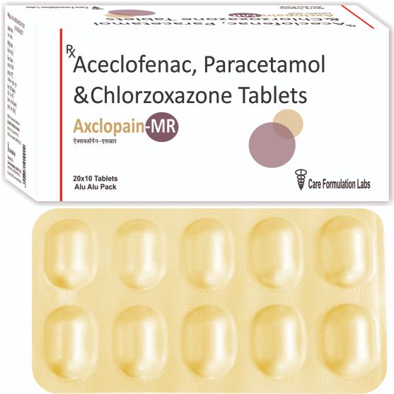 Aceclofenac IP 100 mg. Paracetamol IP 325 mg. Chlorzoxazone USP 250 mg.