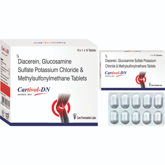 Glucosamine Sulphate Potasium chloride USP 750MG + Methyl Sulphonyl Methane USP 250MG + Diacerein 50MG