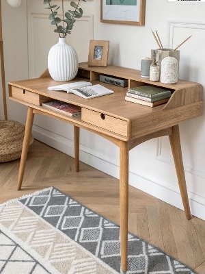 Wooden Study Table - Customized Size, Brown Color, Polished Finish - Elegant Indian Style Design for Home Use