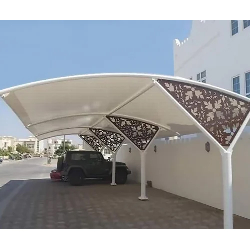 Car Parking Tensile Structure - Metal Pole, Conical Design, White Color Coated Roof | Standard Style, Durable, Weather-Resistant