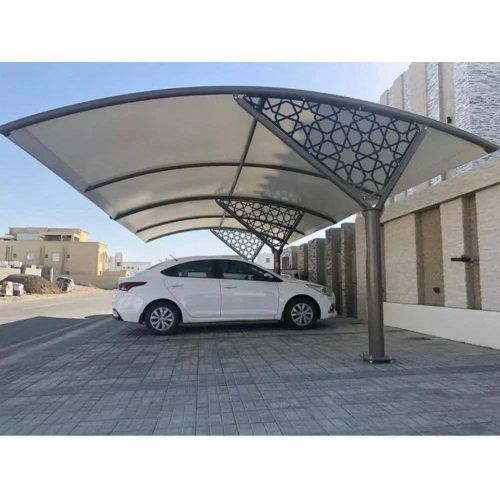 950gsm Car Parking Tensile Structures - Metal and PVC Material, 950gsm, White Color, Color Coated Finish | Standard Style for Durable Roofing