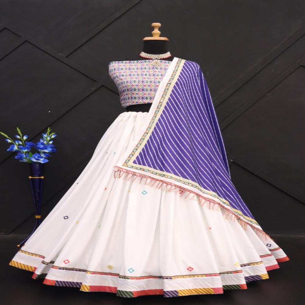 Lehenga Choli - Muslin Cotton Semi-stitched Lehenga With Real Mirror, Silk Inner, Unstitched Blouse & Dupatta | Multi-color, Ethnic Indian Design, 4 Meter Flair