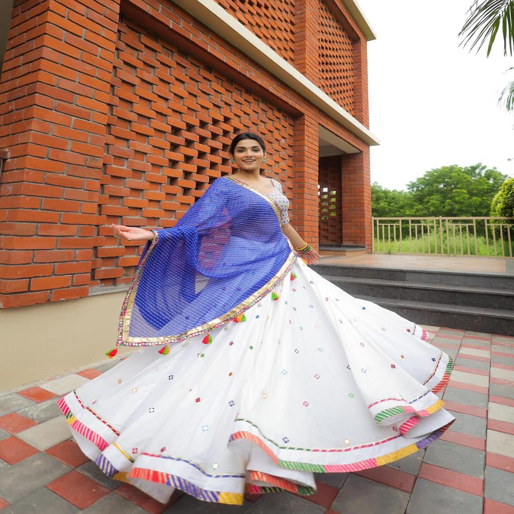 Lehenga Choli - Muslin Cotton Semi-stitched Lehenga With Real Mirror, Silk Inner, Unstitched Blouse & Dupatta | Multi-color, Ethnic Indian Design, 4 Meter Flair