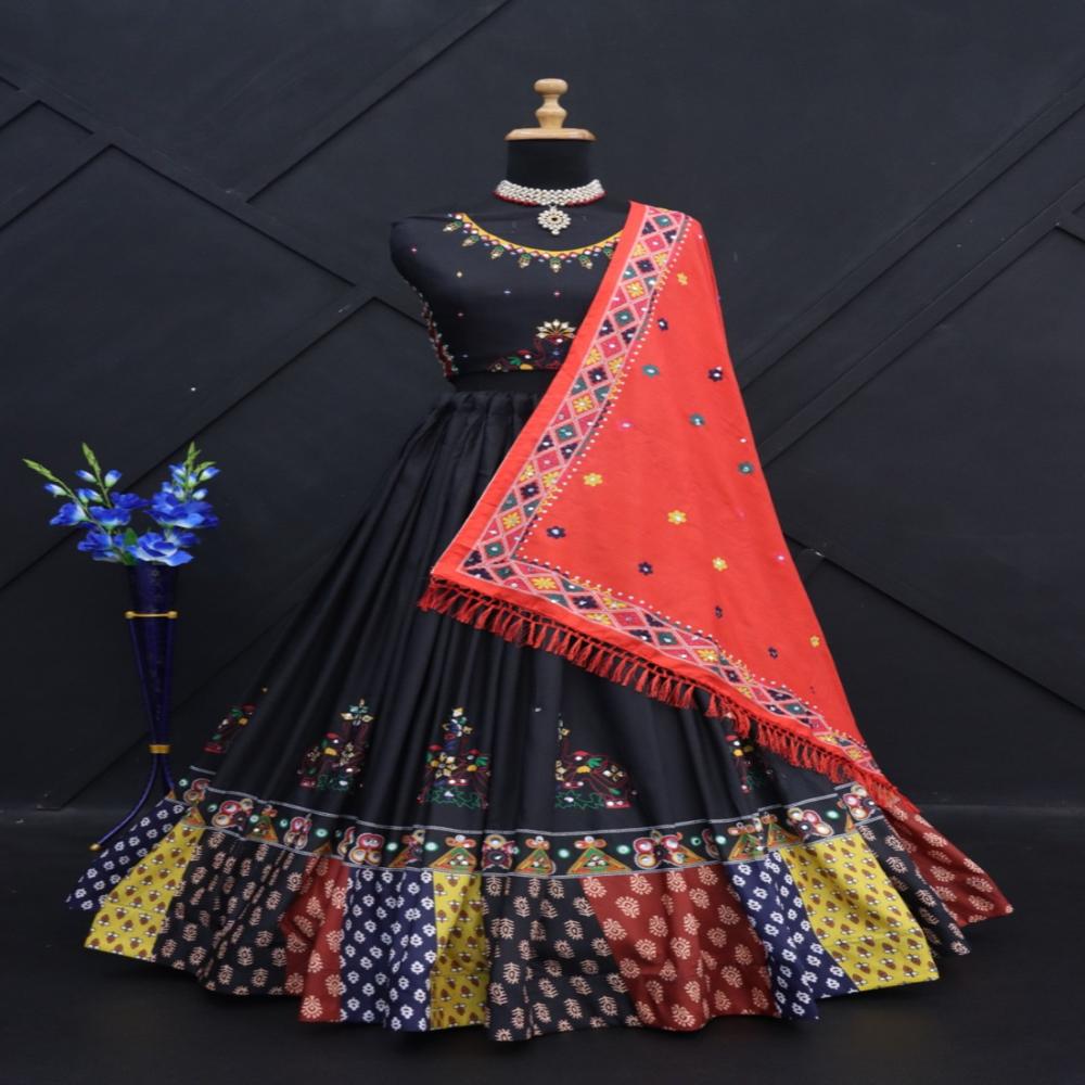 Digital Print Muslin Cotton Lehenga Choli - Color: Multi Color